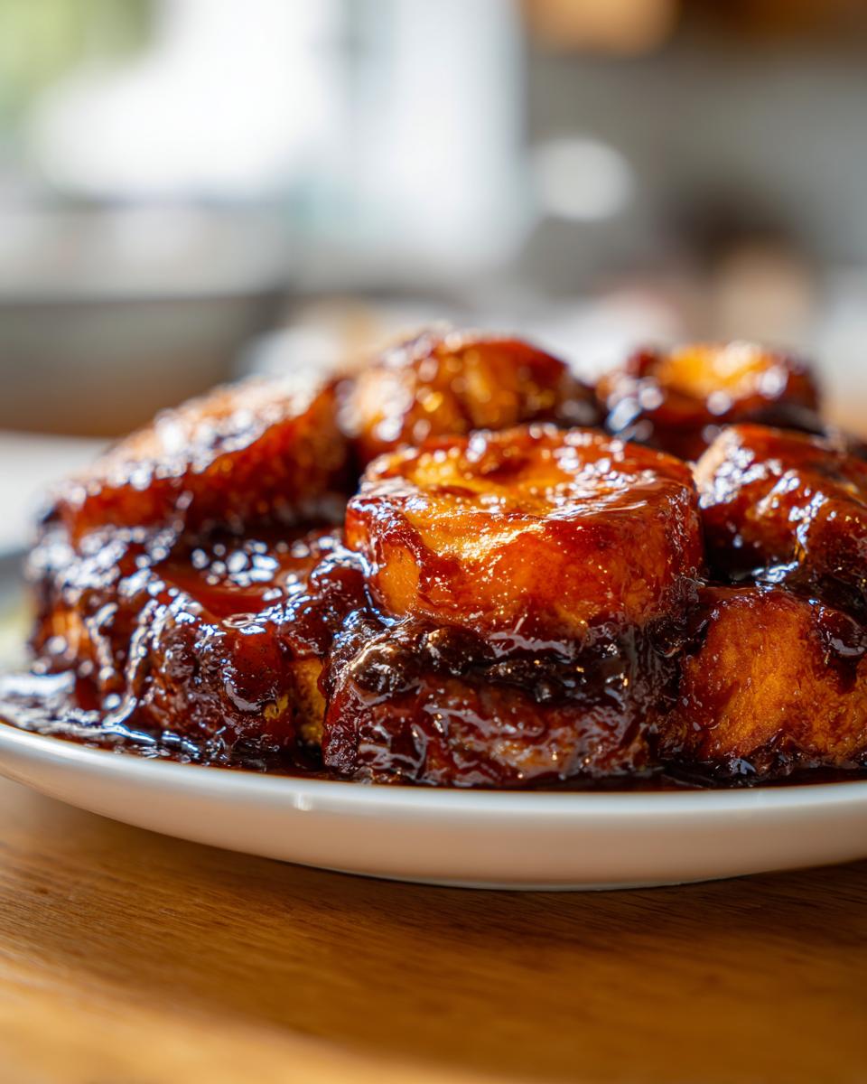 Close-up of thick slices of candied yams covered in a rich, dark, glossy glaze served on a white plate.