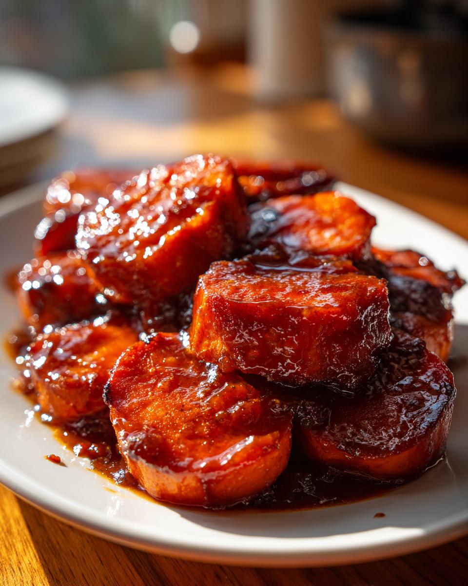 Close-up of thick-cut, glistening candied yams piled high on a white plate, coated in a rich, dark syrup.