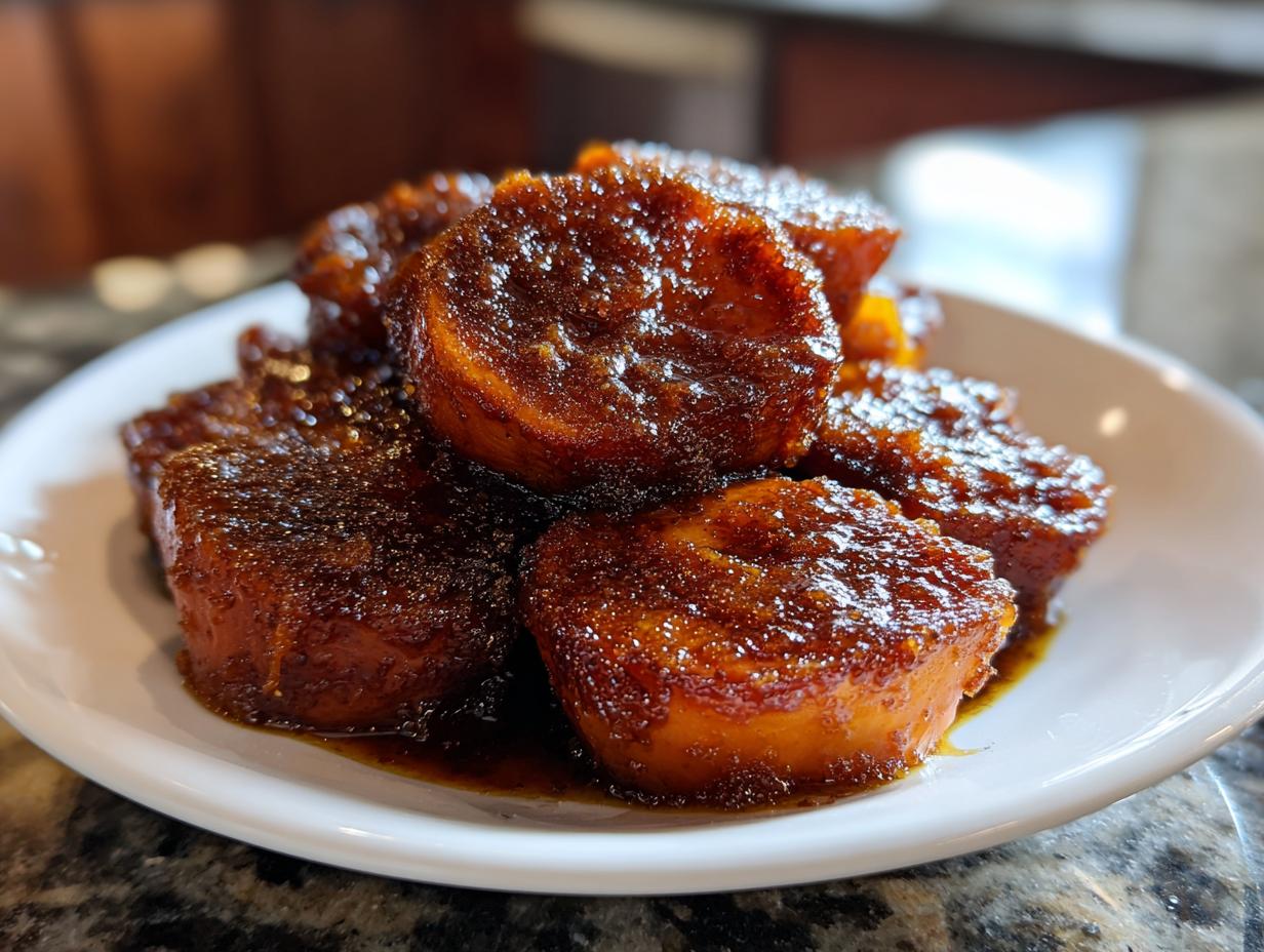 A close-up shot of several thick slices of rich, dark brown candied yams glistening with syrup on a white serving dish.
