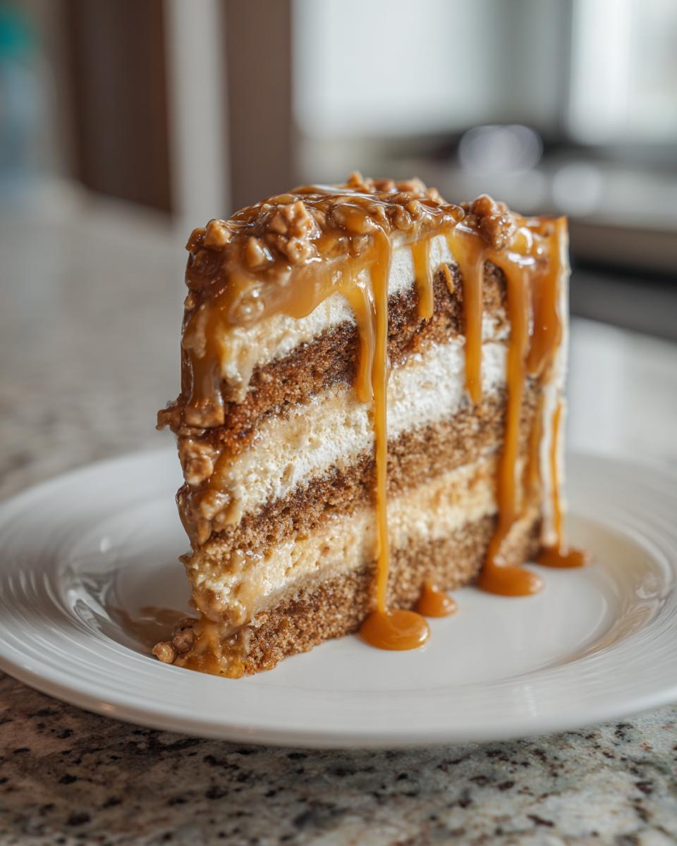 A tall slice of caramel crunch cake showing multiple layers of cake and frosting, generously topped with dripping caramel sauce and nuts.