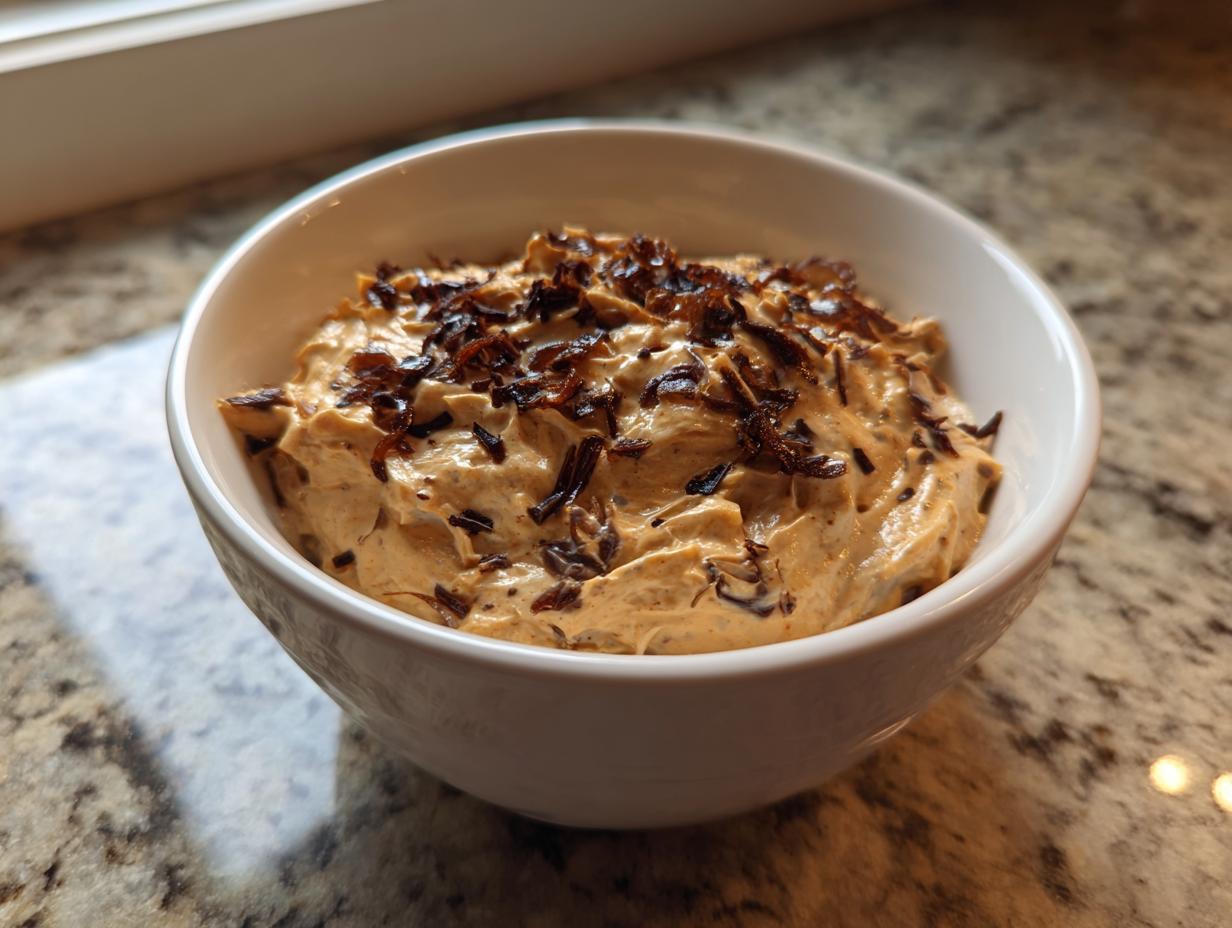 A close-up of creamy caramelized onion dip topped with crispy fried onions in a white serving bowl.