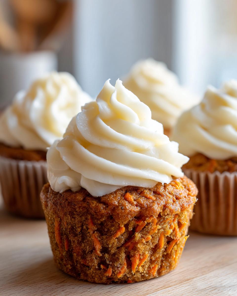A close-up of a freshly baked carrot cake muffin topped with thick cream cheese frosting, with more carrot cake muffins blurred in the background.