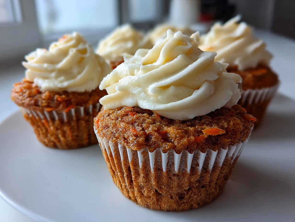 Close-up of freshly baked carrot cake muffins topped with swirls of cream cheese frosting.
