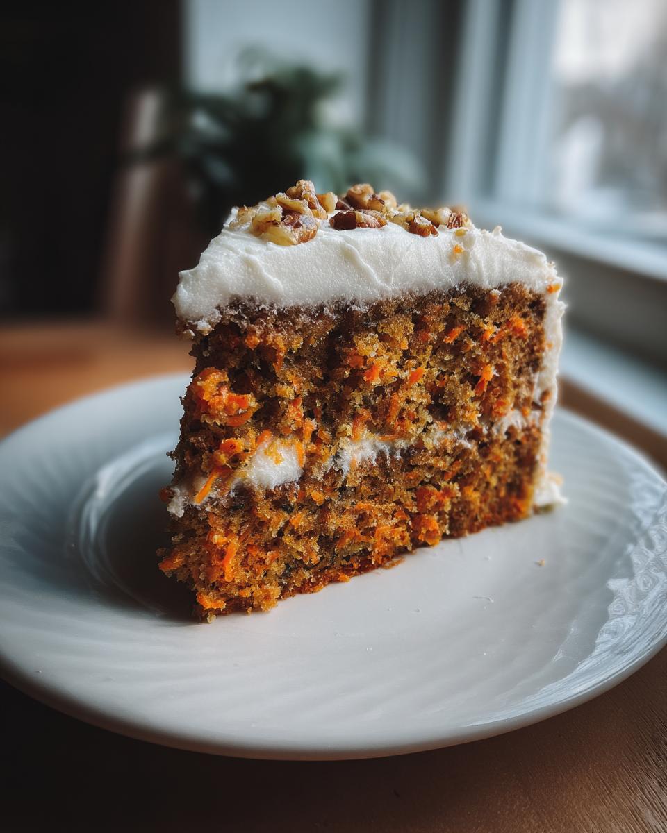 A moist slice of carrot cake recipe showing visible shredded carrots, layered with cream cheese frosting and topped with walnuts.
