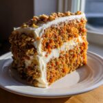 A thick slice of moist carrot cake recipe layered with cream cheese frosting and topped with chopped nuts.