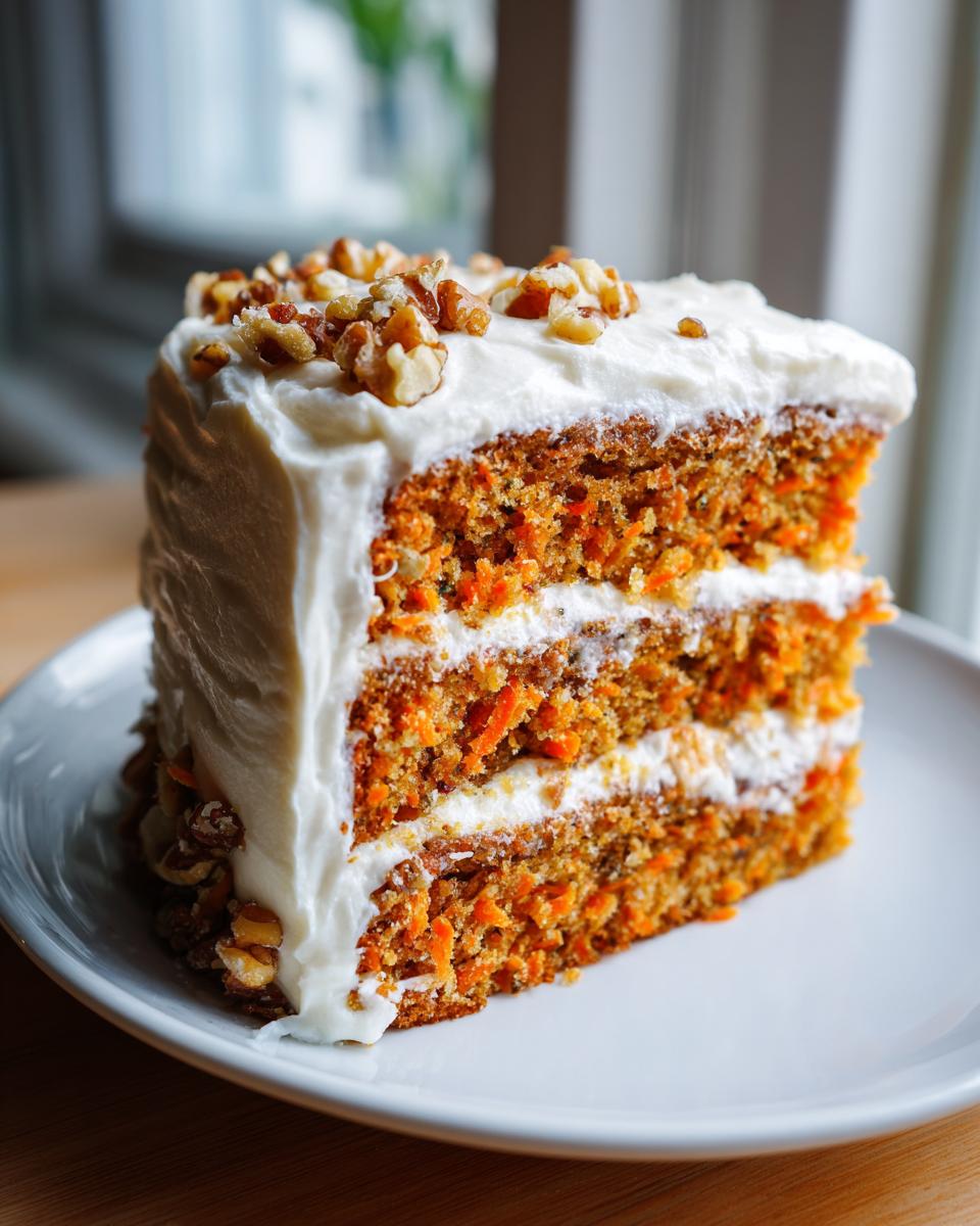 A tall, moist slice of carrot cake recipe featuring three layers, cream cheese frosting, and chopped walnuts on top.