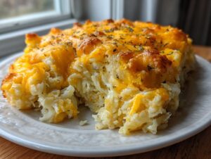 A close-up of a portion of cheesy potato bake made with shredded potatoes and melted cheddar cheese.