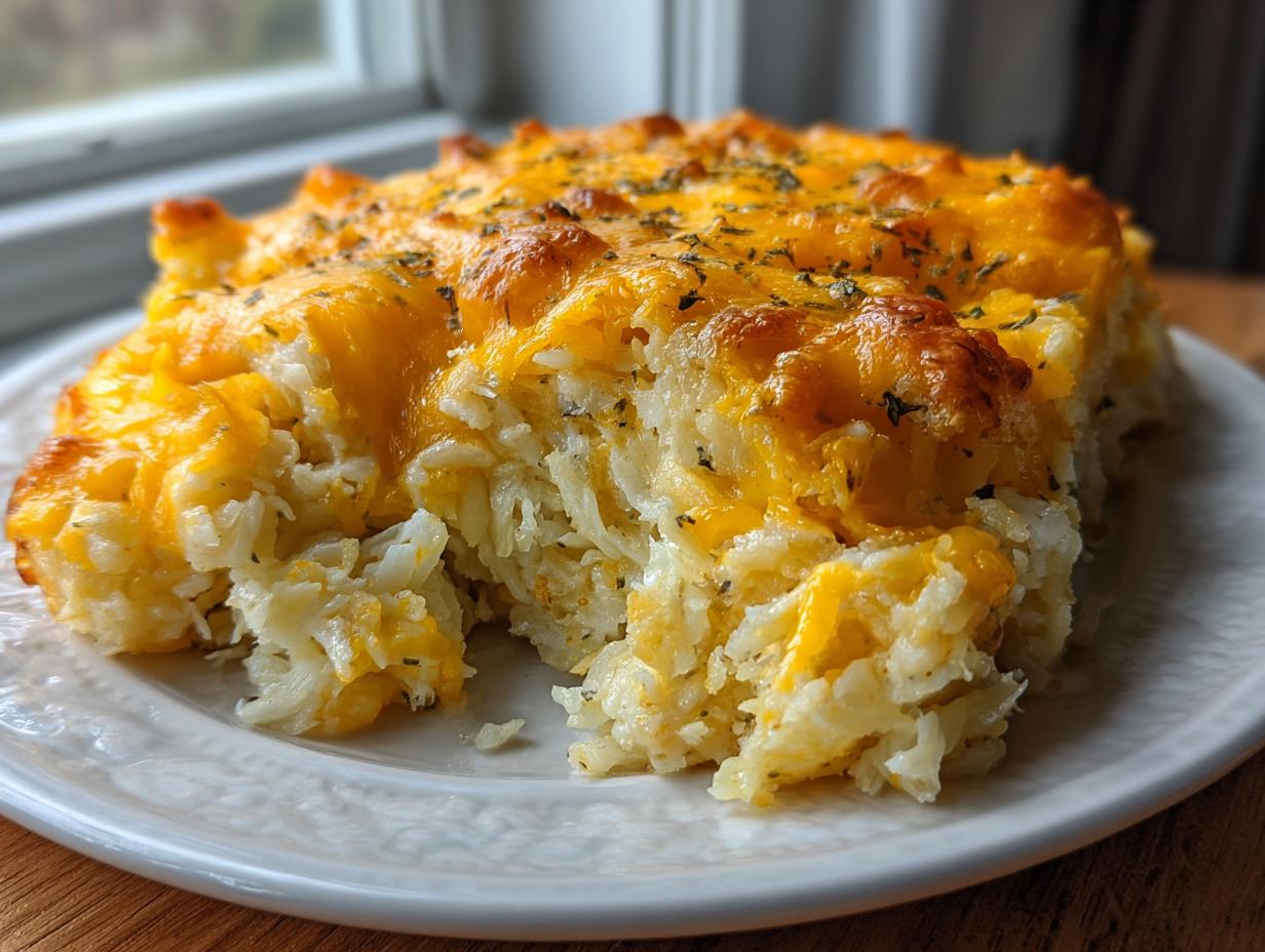 A close-up of a portion of cheesy potato bake made with shredded potatoes and melted cheddar cheese.
