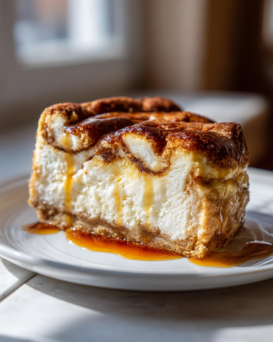 A thick slice of amazing churro cheesecake with a cinnamon swirl top, drizzled with caramel sauce on a white plate.