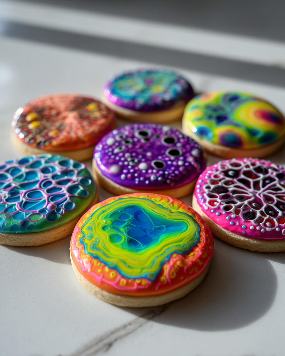 Seven round sugar cookies decorated with highly colorful, glossy, marbled, and patterned cookie icing.