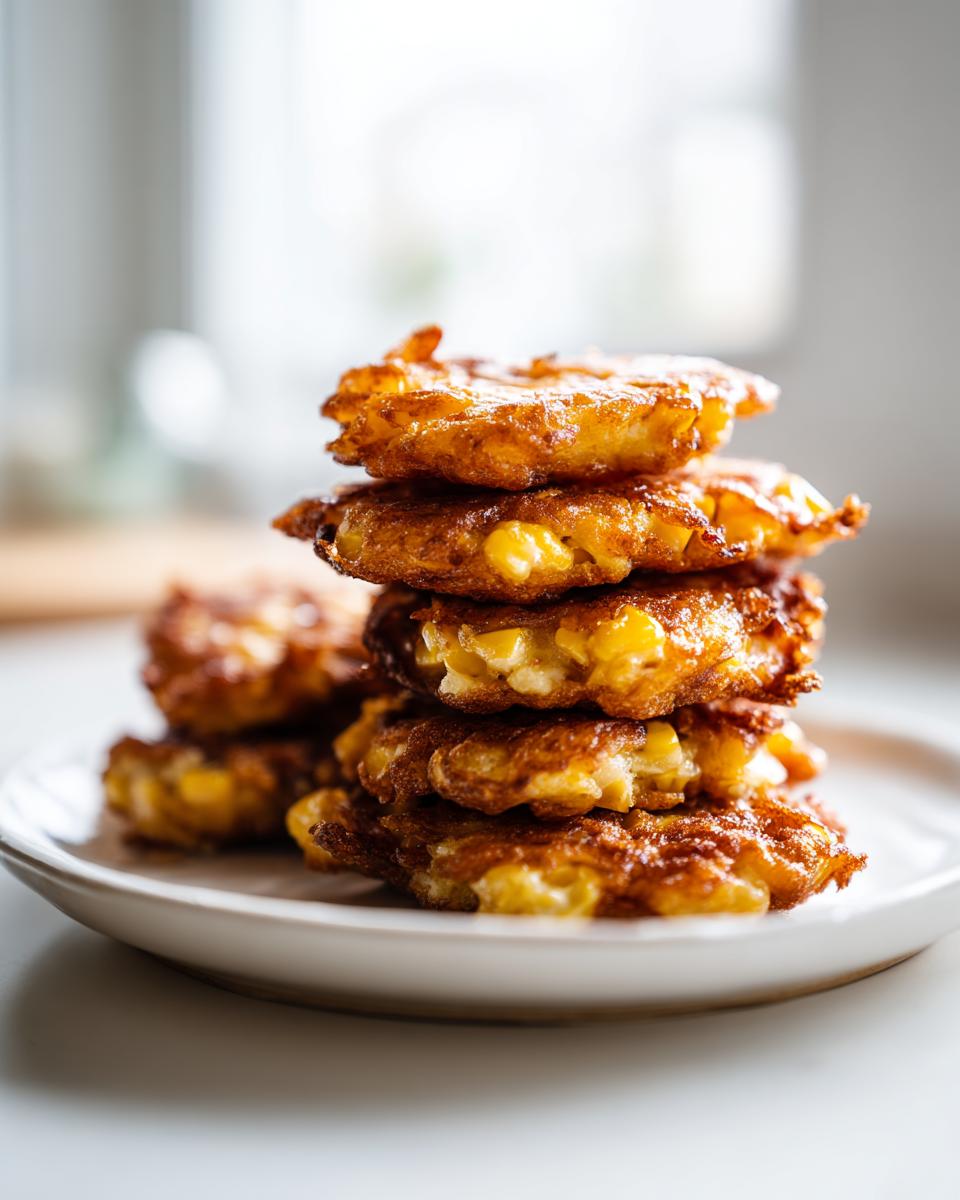 A tall stack of perfectly golden brown corn fritters piled high on a white plate, showing visible kernels of corn.