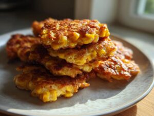 A stack of freshly fried, golden brown corn fritters piled high on a light gray plate.