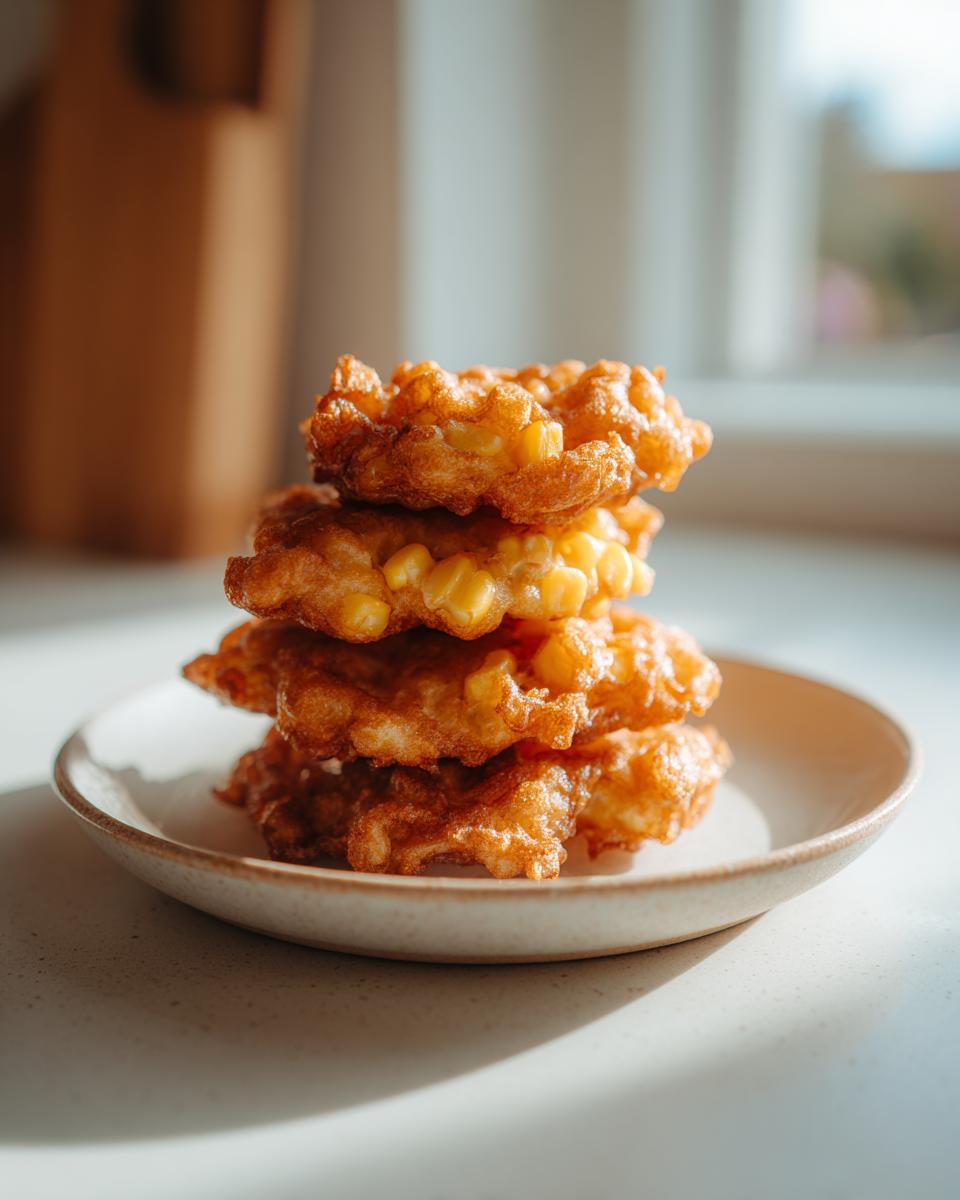 Four golden brown, freshly fried corn fritters stacked on a small ceramic plate, showing visible corn kernels.