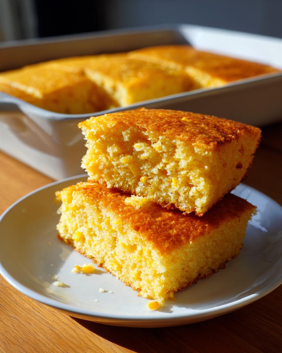 Two golden squares of moist cornbread casserole stacked on a white plate, with the rest of the dish blurred in the background.