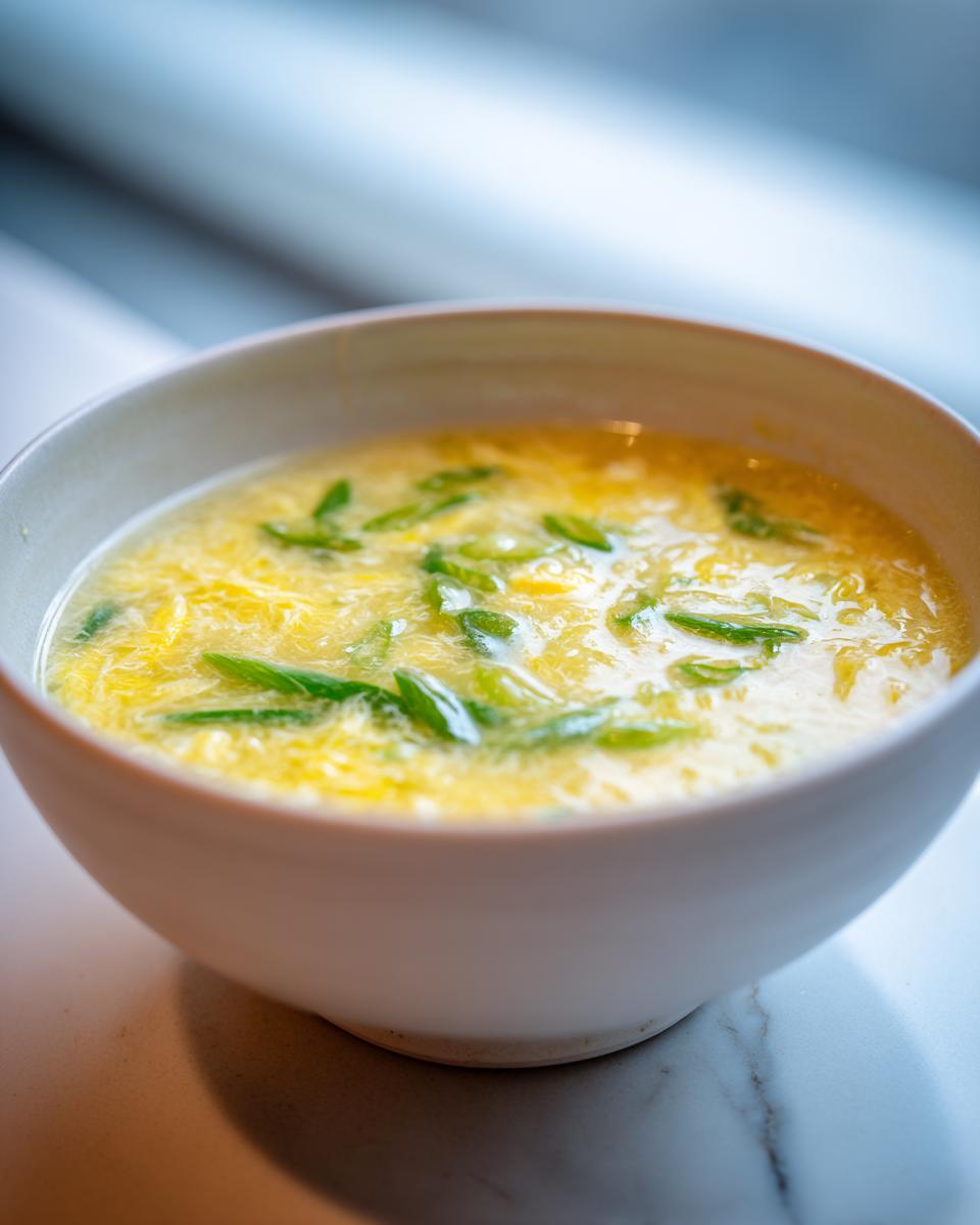 A close-up of a white bowl filled with hot egg drop soup, featuring wispy yellow egg ribbons and fresh green onion garnish.
