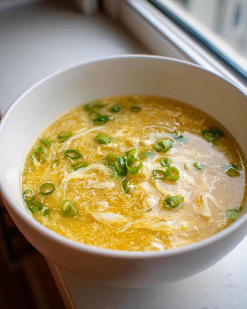 A white bowl filled with bright yellow egg drop soup, featuring wispy egg ribbons and topped with sliced green onions.