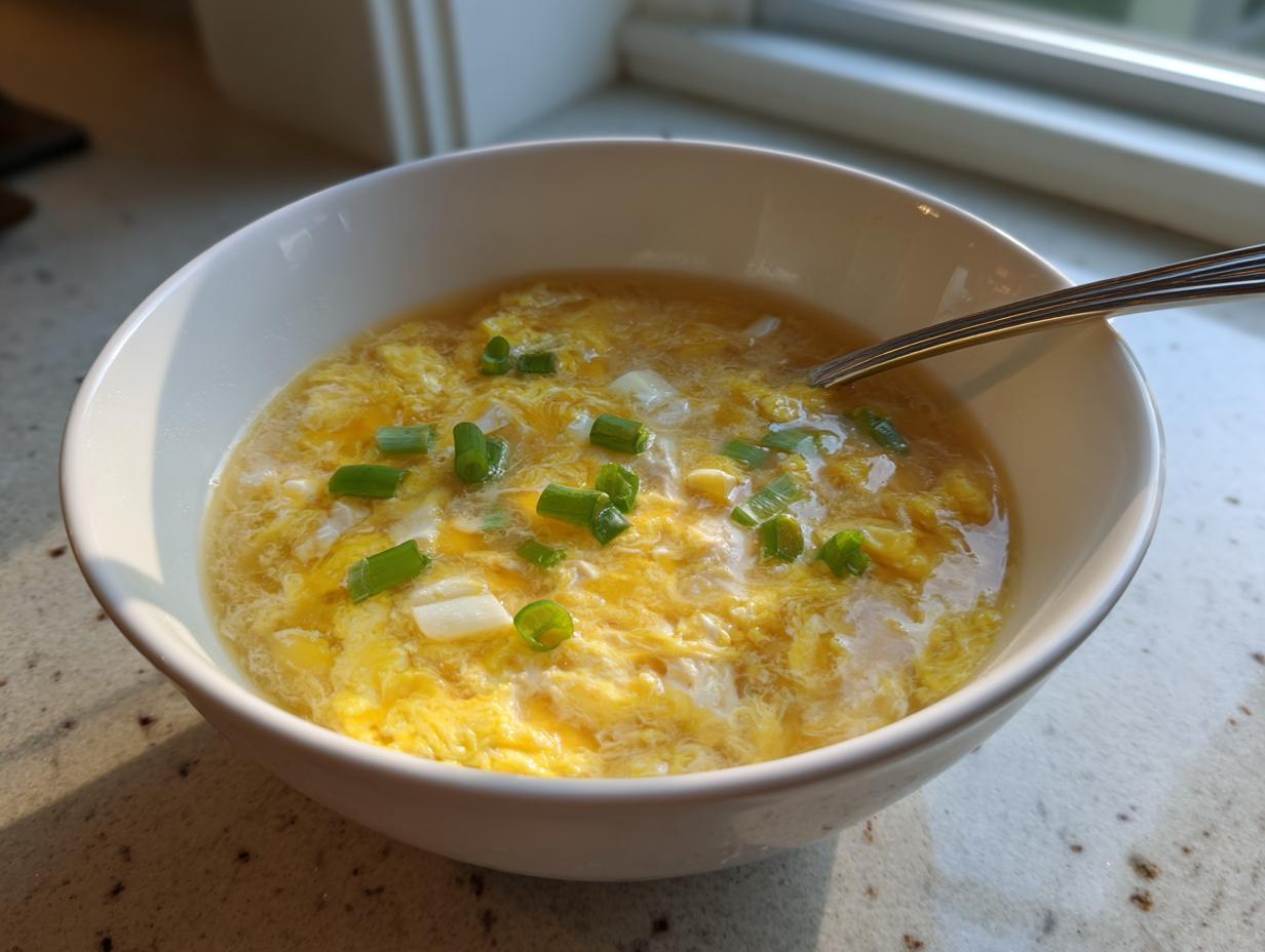A white bowl filled with steaming egg drop soup, garnished with fresh green onions.