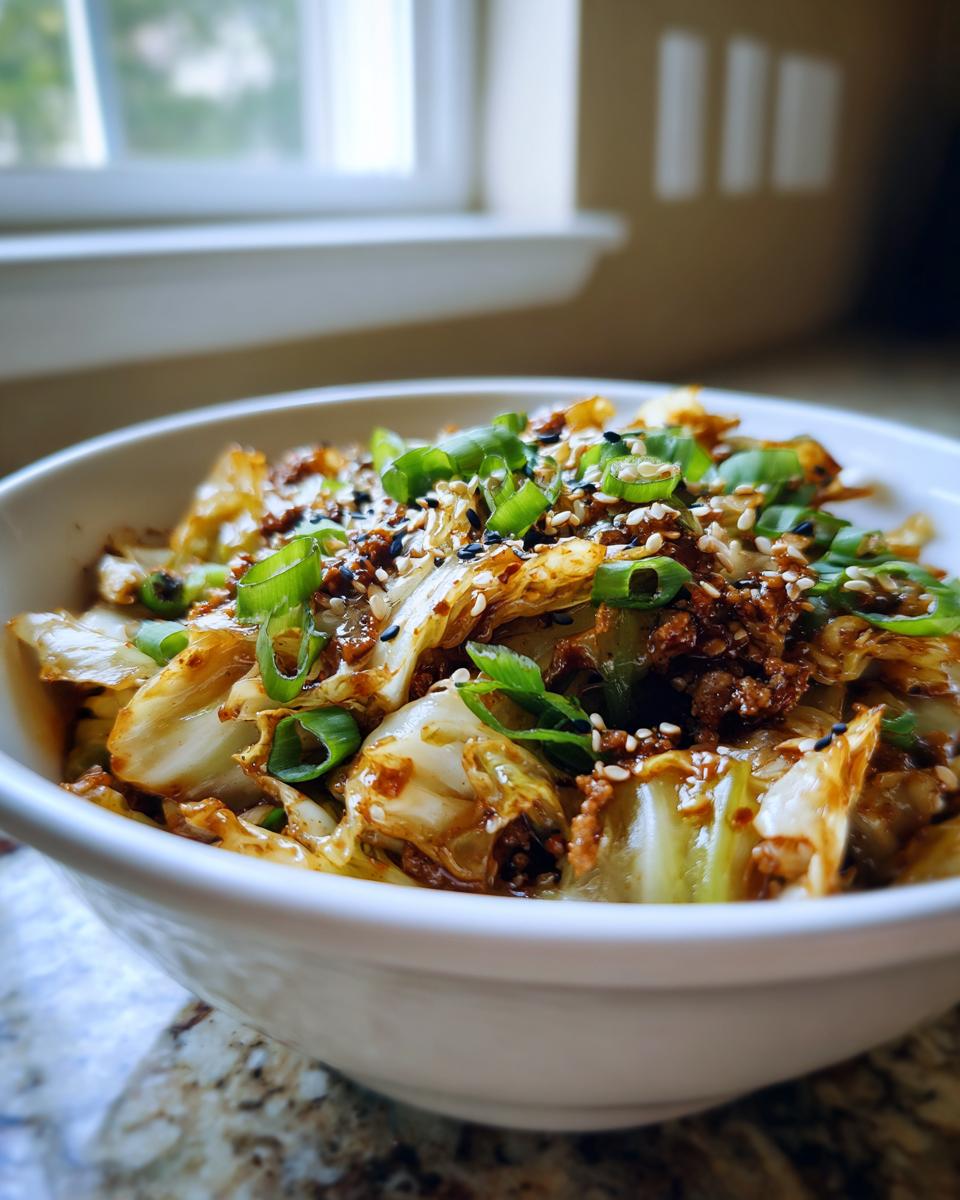 A close-up of a white bowl filled with amazing egg roll in a bowl, topped with green onions and sesame seeds.