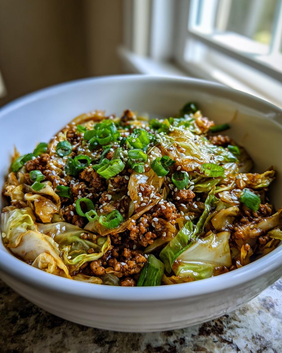 Close-up of a white bowl filled with savory egg roll in a bowl mixture, topped with green onions and sesame seeds.