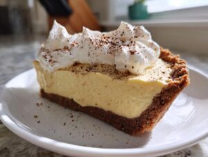 A close-up of a slice of creamy eggnog pie with a graham cracker crust, topped with whipped cream and nutmeg.