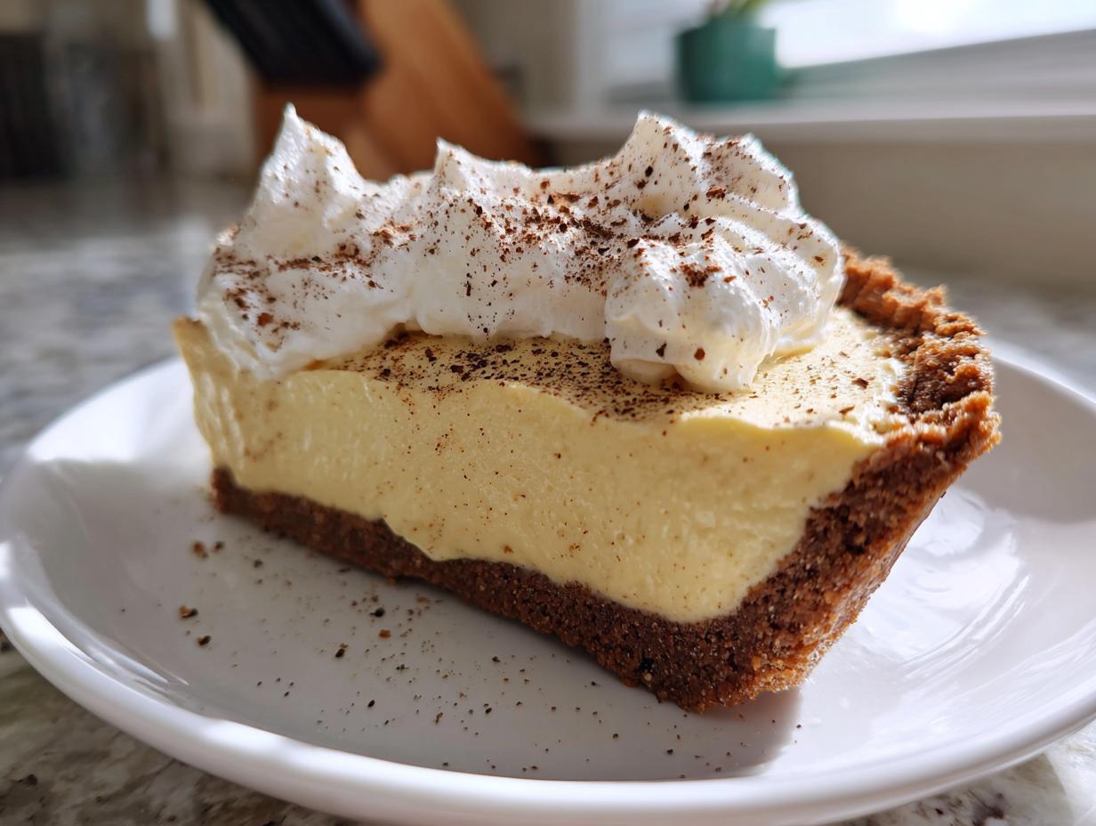 A close-up of a slice of creamy eggnog pie with a graham cracker crust, topped with whipped cream and nutmeg.