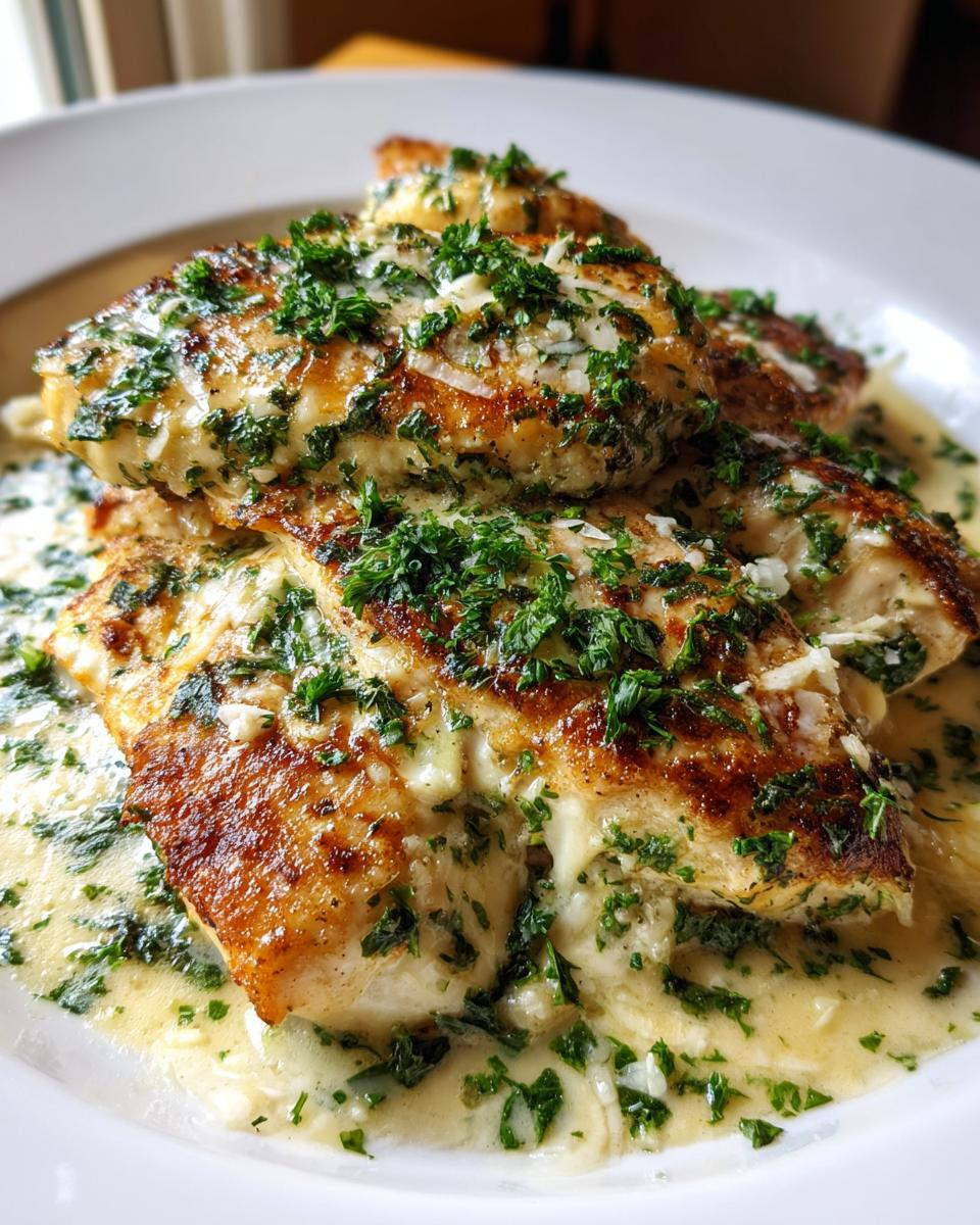 Close-up of golden-brown garlic parmesan chicken breasts smothered in a creamy, herb-flecked sauce.