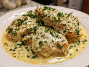Close-up of golden chicken breasts smothered in creamy garlic parmesan chicken sauce and fresh parsley.