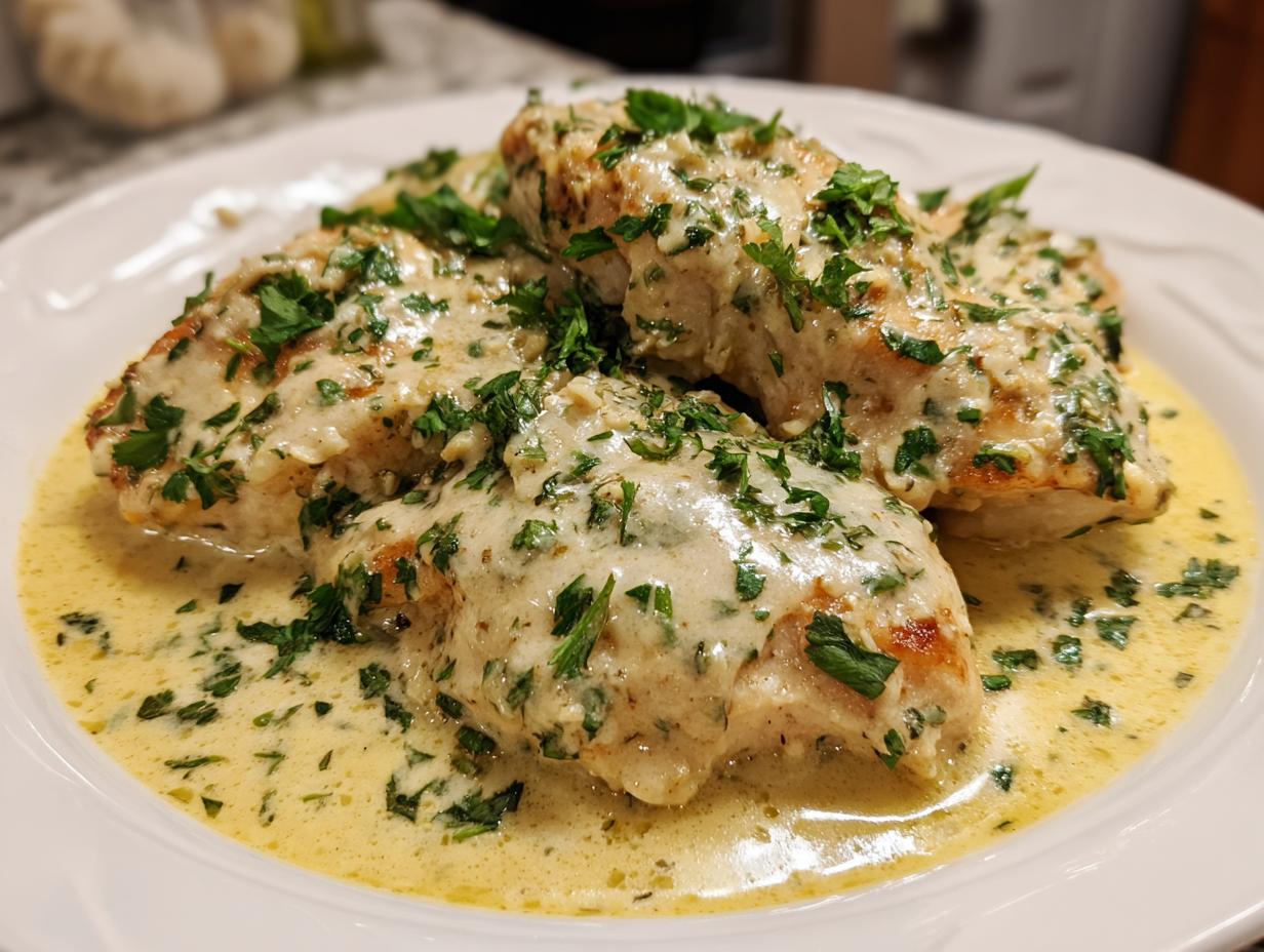 Close-up of golden chicken breasts smothered in creamy garlic parmesan chicken sauce and fresh parsley.