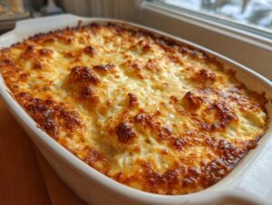Close-up of a white baking dish filled with bubbling, golden-brown hot crab dip.