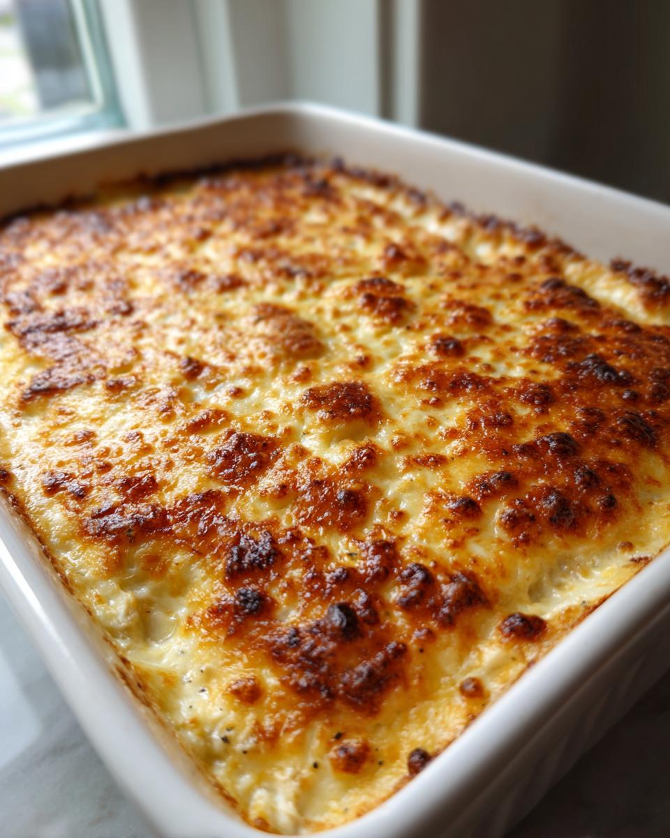 Close-up of a creamy hot crab dip baked in a white dish with a beautifully browned and bubbly cheese topping.
