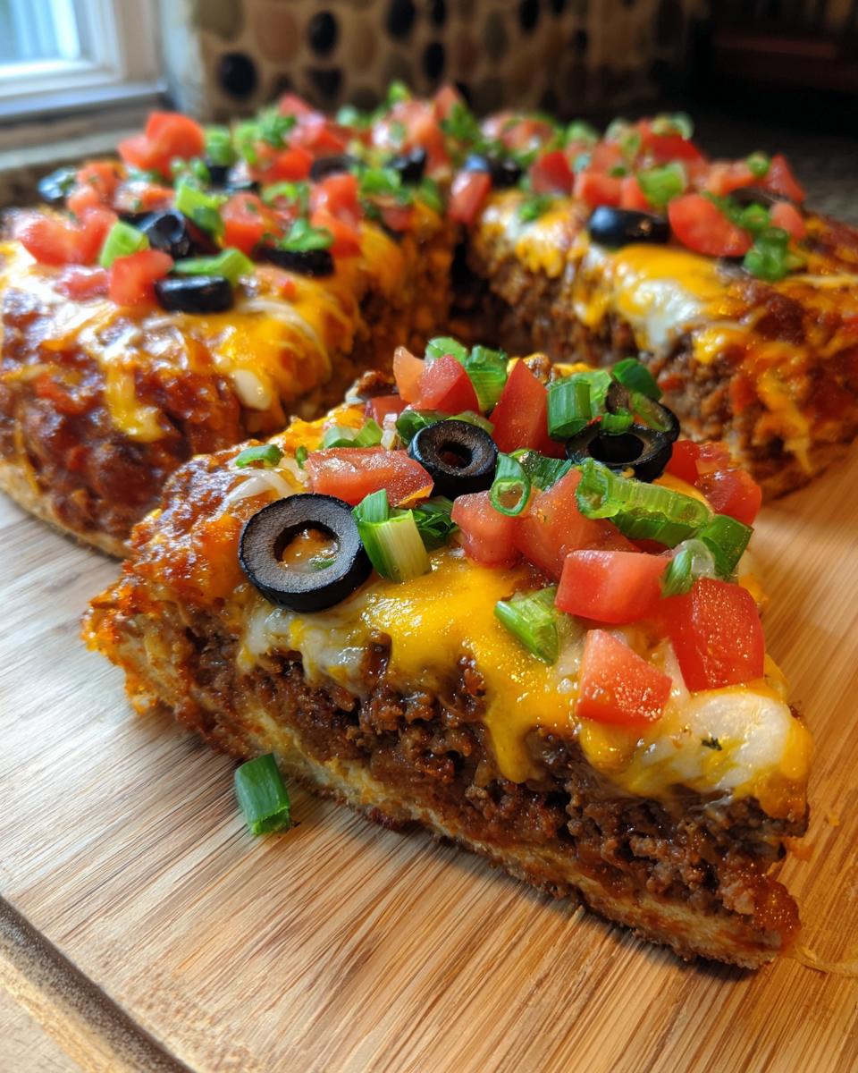 A close-up slice of amazing Mexican pizza showing a thick layer of seasoned meat, melted cheese, tomatoes, olives, and green onions.