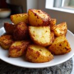 A close-up of golden brown, crispy oven roasted potatoes piled high on a white plate.