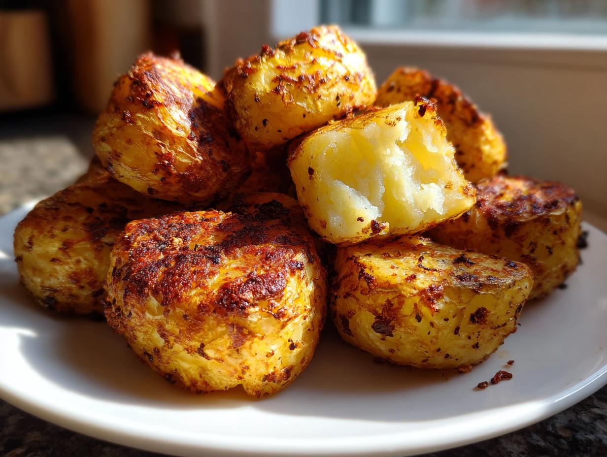 A pile of golden brown, crispy oven roasted potatoes with fluffy interiors, served on a white plate.