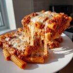 A serving of amazing pasta bake lifted, showing dramatic cheese pull over rigatoni pasta with rich meat sauce.