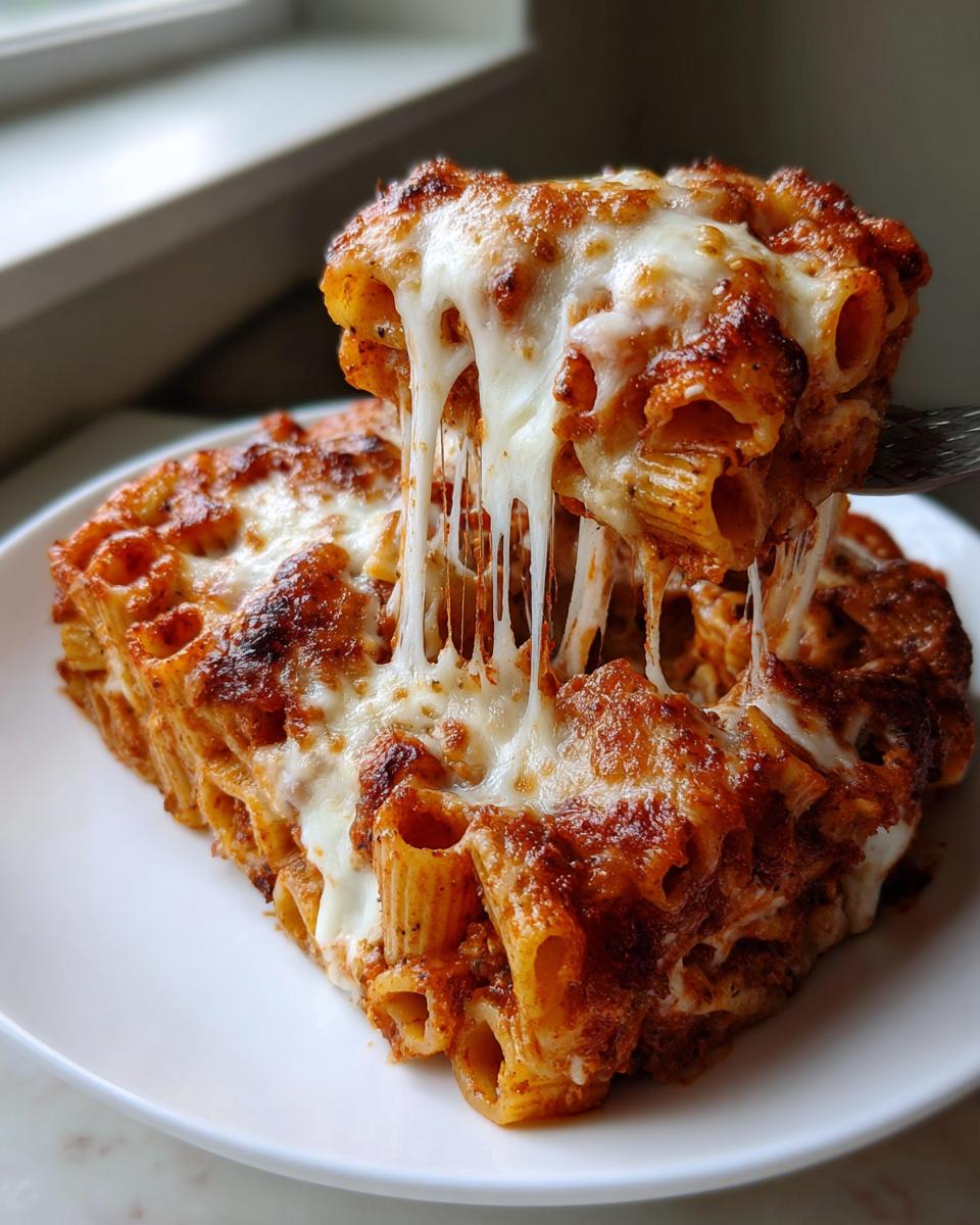 A fork lifts a portion of a baked pasta bake, showing incredible melted mozzarella cheese stretching between the serving and the main dish.