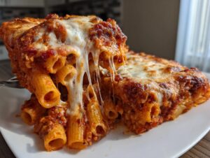 A serving of baked ziti-style pasta bake being lifted, showing incredible melted cheese pull.