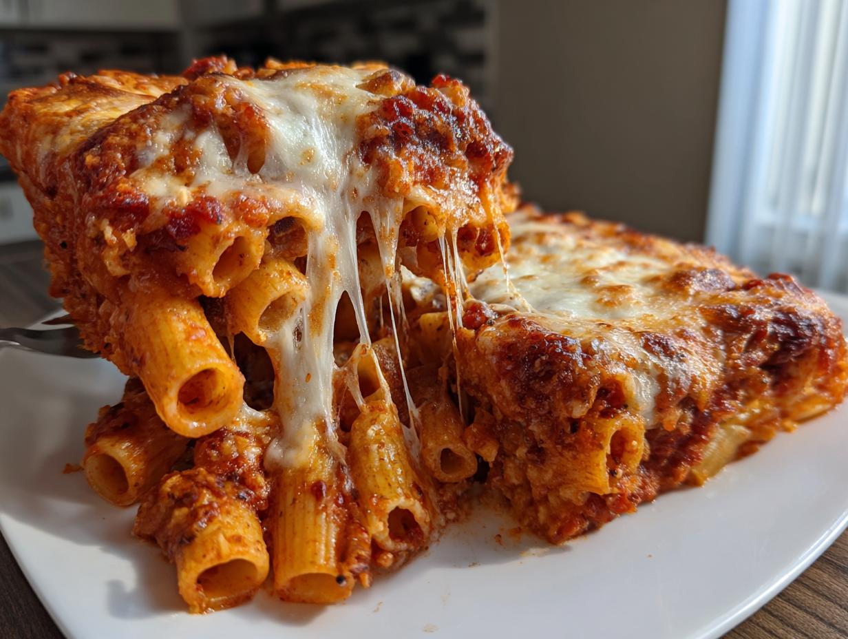 A serving of baked ziti-style pasta bake being lifted, showing incredible melted cheese pull.