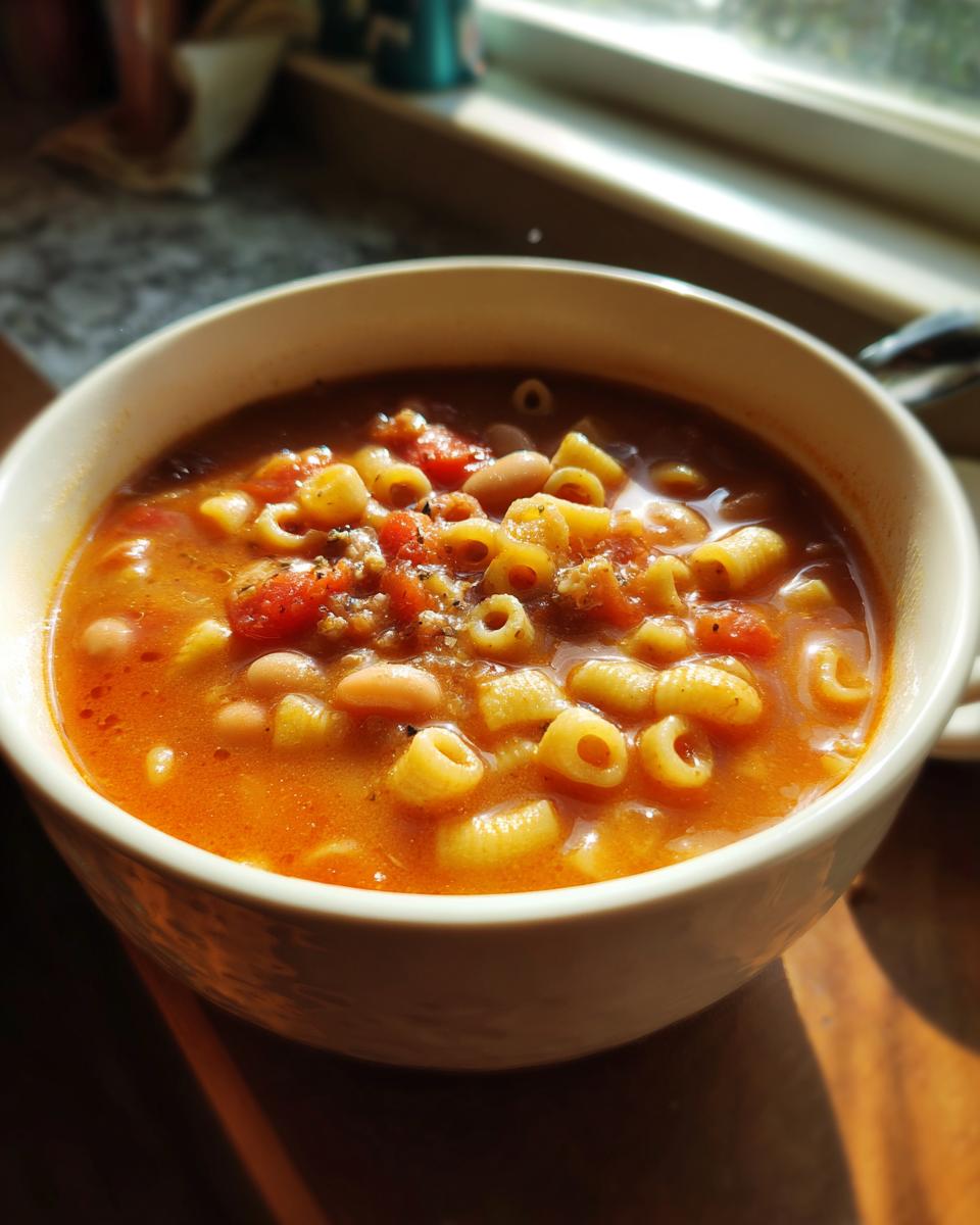 Close-up of a warm bowl of pasta fagioli soup with ditalini pasta, beans, and tomatoes.