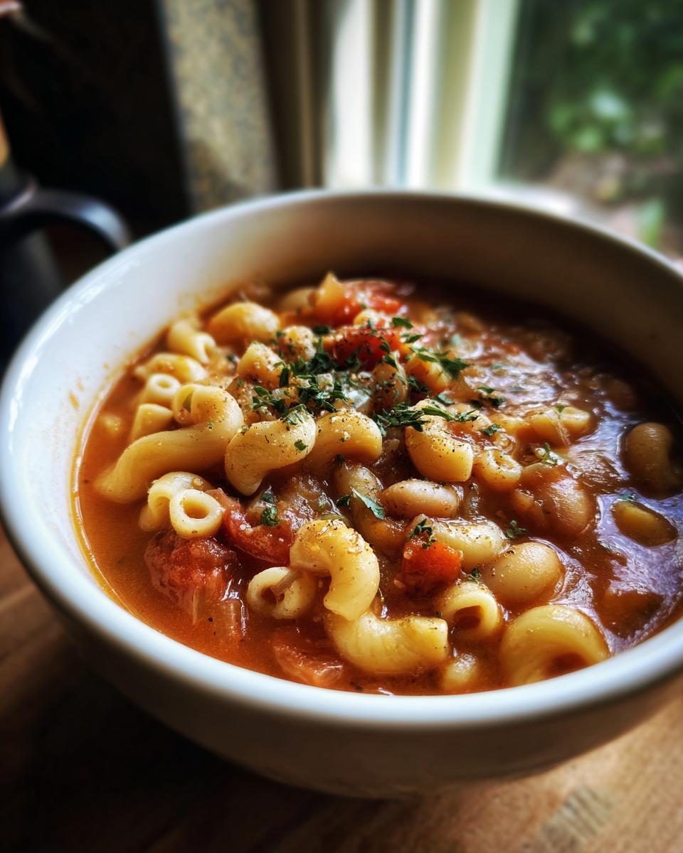 Close-up of a white bowl filled with rich, tomato-based pasta fagioli, garnished with herbs.