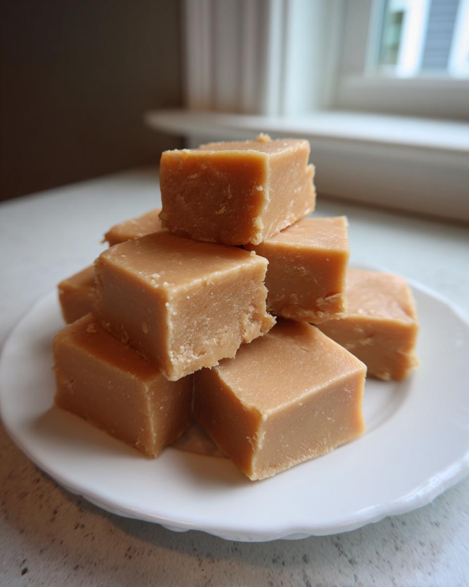 A stack of creamy, light brown squares of homemade peanut butter fudge on a white plate.