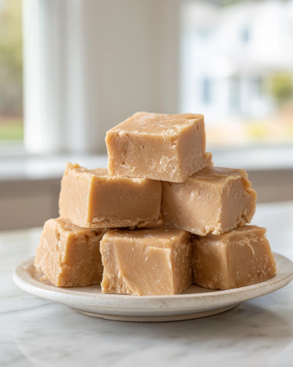 A stack of six creamy, light brown squares of homemade peanut butter fudge resting on a small ceramic plate.