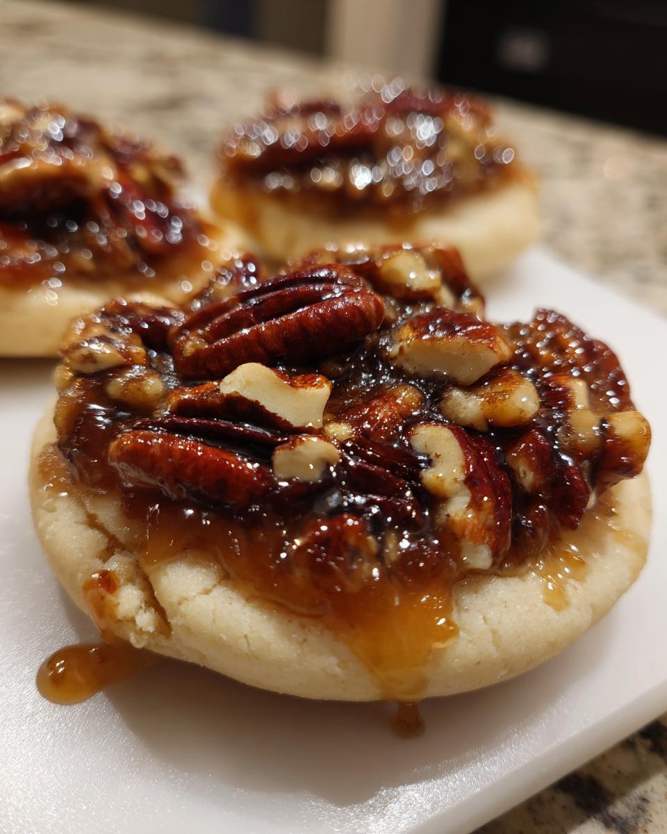 Close-up of a delicious pecan pie cookie topped with sticky caramel and whole pecans.