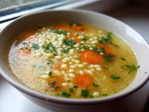 A close-up of a bowl of hot penicillin soup featuring clear broth, small pasta pearls, sliced carrots, and fresh parsley garnish.