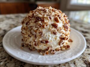 A creamy, round pineapple cheese ball coated entirely in chopped pecans, served on a small white plate.
