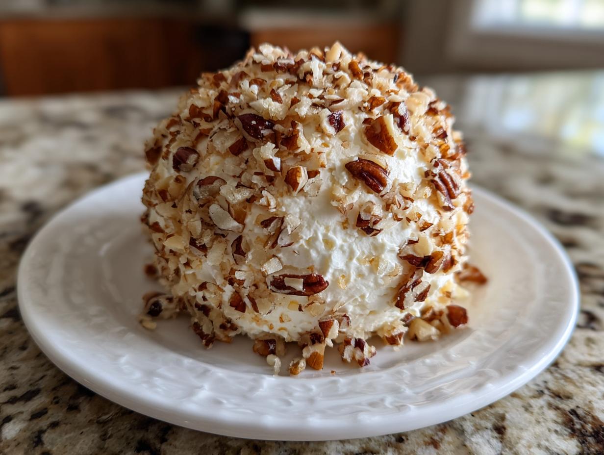 A creamy, round pineapple cheese ball coated entirely in chopped pecans, served on a small white plate.