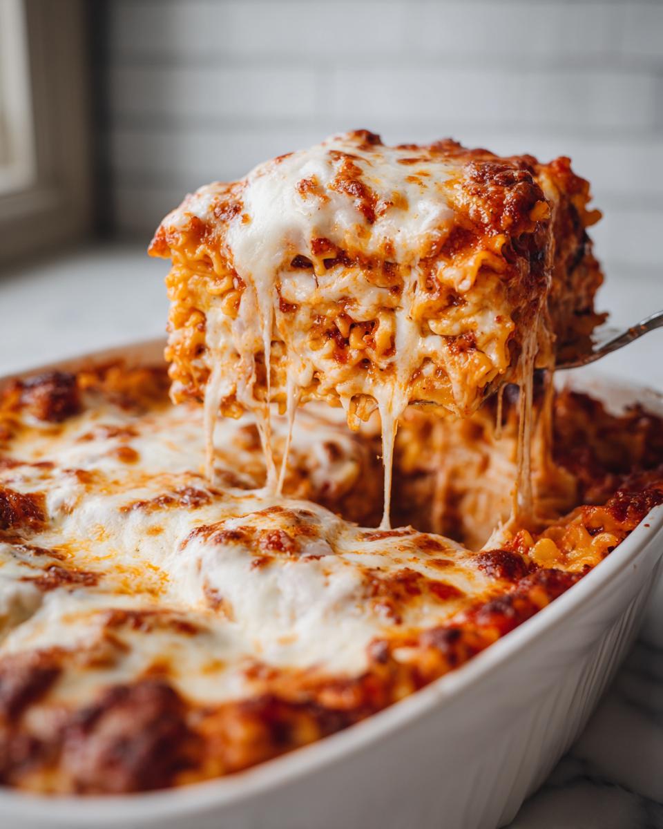 A serving utensil lifts a cheesy, saucy slice from a baking dish of amazing 1-pan pizza casserole.