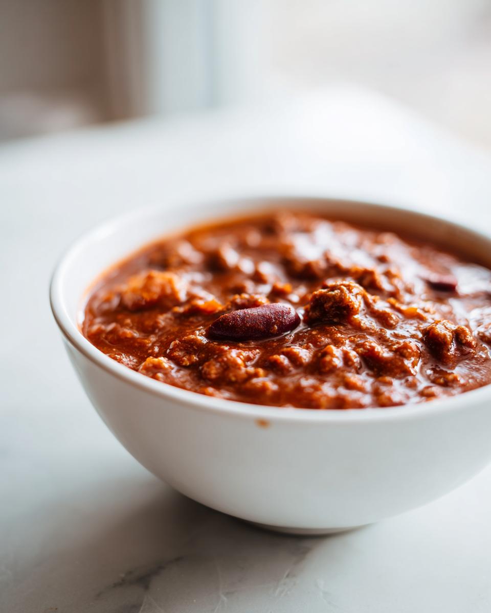 Close-up of a white bowl filled with rich, thick pumpkin chili topped with a visible kidney bean.
