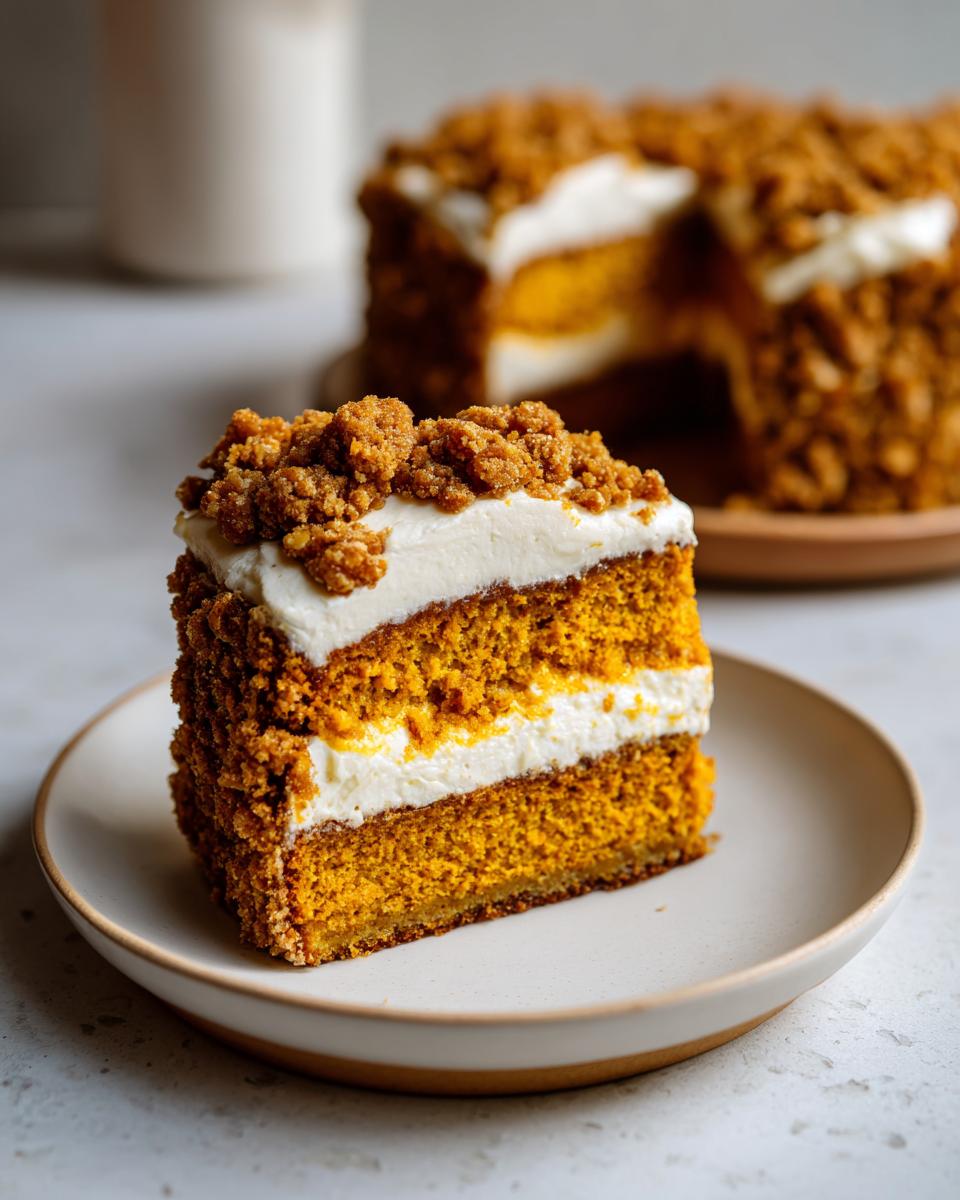 A tall slice of amazing pumpkin crunch cake layered with white frosting and topped with crunchy streusel.