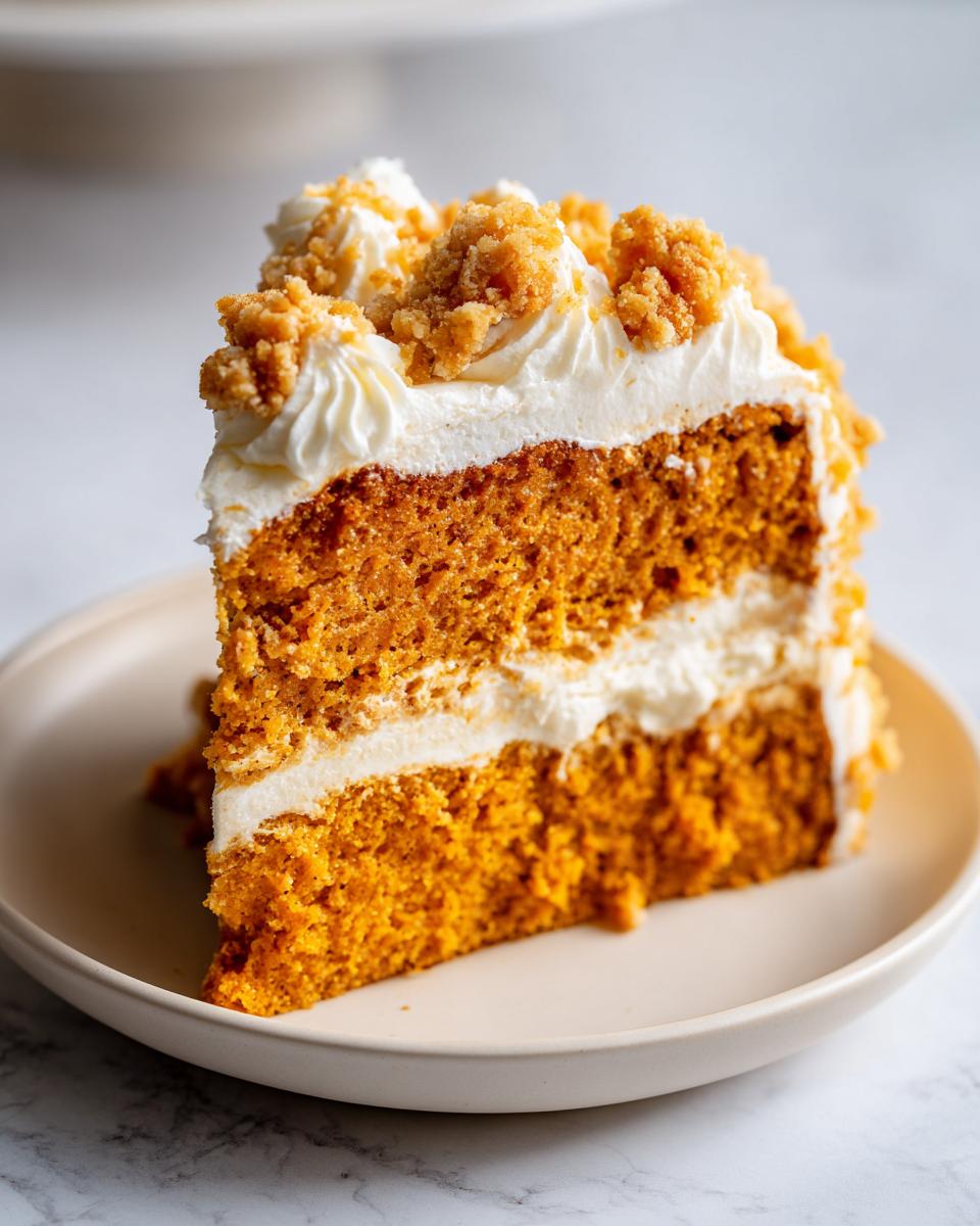 Close-up of a moist slice of pumpkin crunch cake layered with white frosting and topped with crunchy crumble.