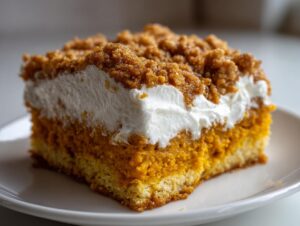 A close-up of a layered slice of pumpkin crunch dessert featuring a cake base, creamy filling, and crunchy topping.